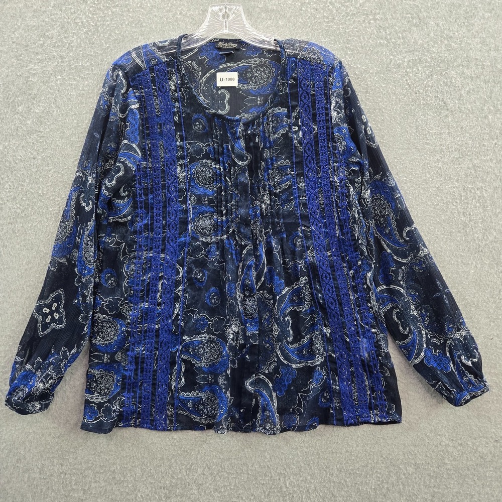 Lucky Brand Women Top Medium Blue Sheer Blouse Pleated Embroidered Long‎ Sleeve
